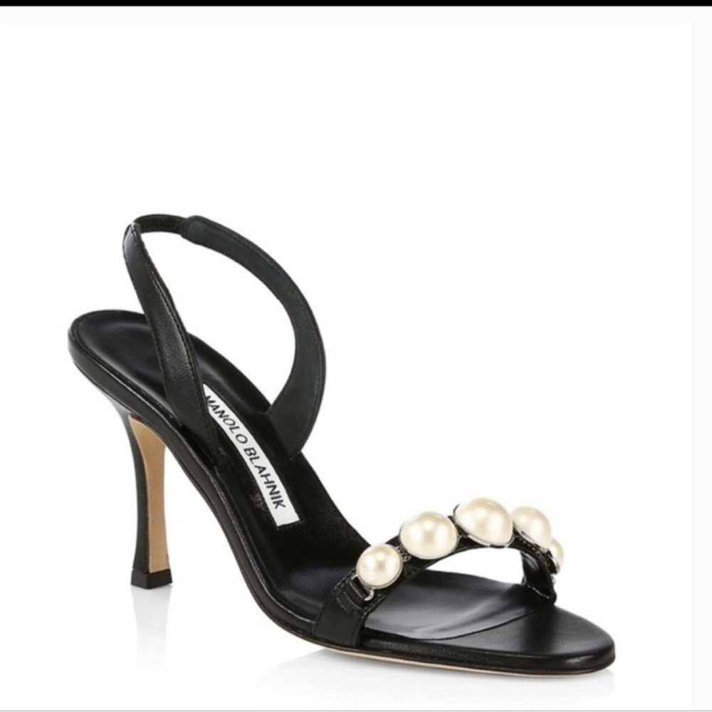 Manolo Blahnik Minchisli Faux Pearl-Embellished Leather Slingback Sandals